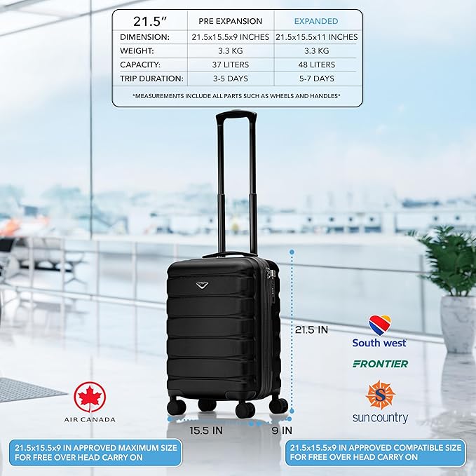 Carry On Suitcase Hardside TSA Lock & USB Port Silent Double Spinner Wheels Maximum Carry-On Bag For Canada Air Approved Airlines( 21.5x15.5x9" ,Black )