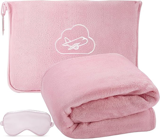 Travel Blanket, Airplane Blanket with Bag, Ultra-Soft, Warm & Lightweight, 65x40 in, Outdoor Blanket Essentials for Women, Men & Kids, Included Eye Mask, Luggage Sleeve & Backpack Clip