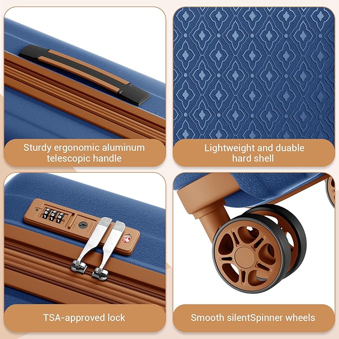 Kono Expandable 24 Inch Hard Shell Travel Luggage, Large capacity for easy travel, Hidden Cup Holder & TSA Lock Lightweight Suitcase - Navy/Brown