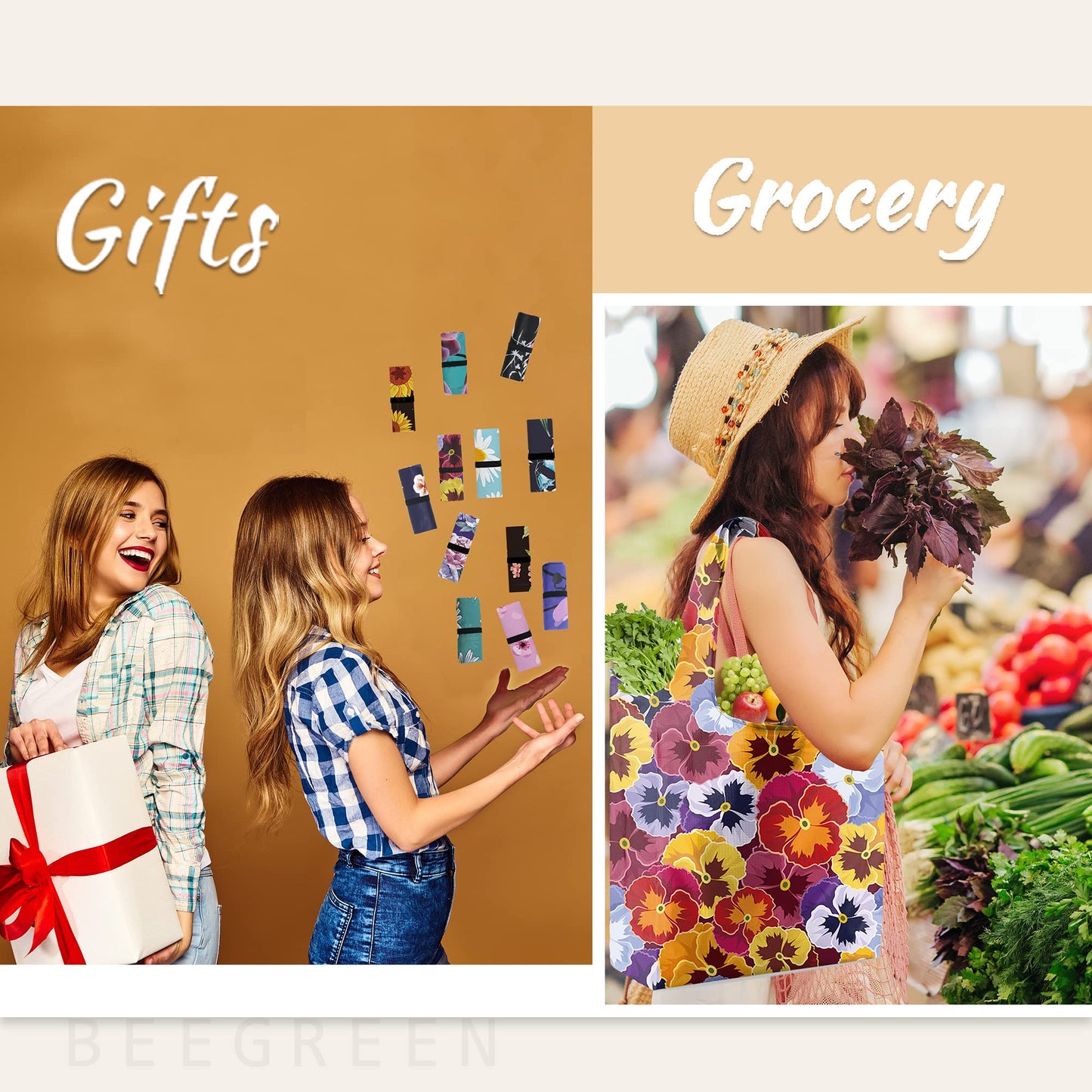 BeeGreen Large Flower Tote Bag - 12 Pack Heavy Duty Reusable Grocery Bags and Foldable Shopping Bags for Groceries, Cute Travel Reusable Gifts,Lightweight Washable Cloth Bag With Handles for Women