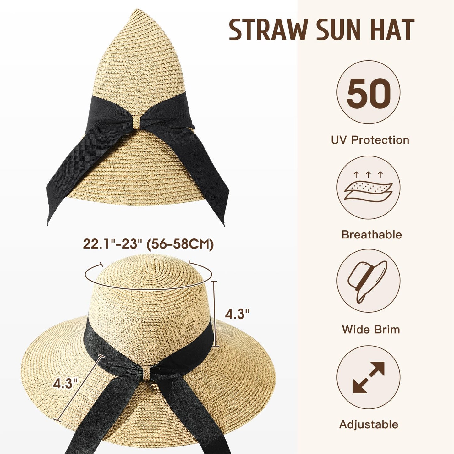 Womens Beach Sun Straw Hat - UV Protection UPF 50+ Sun Hats for Women with Wide Brim, Foldable Floppy Straw Beach Hat for Women
