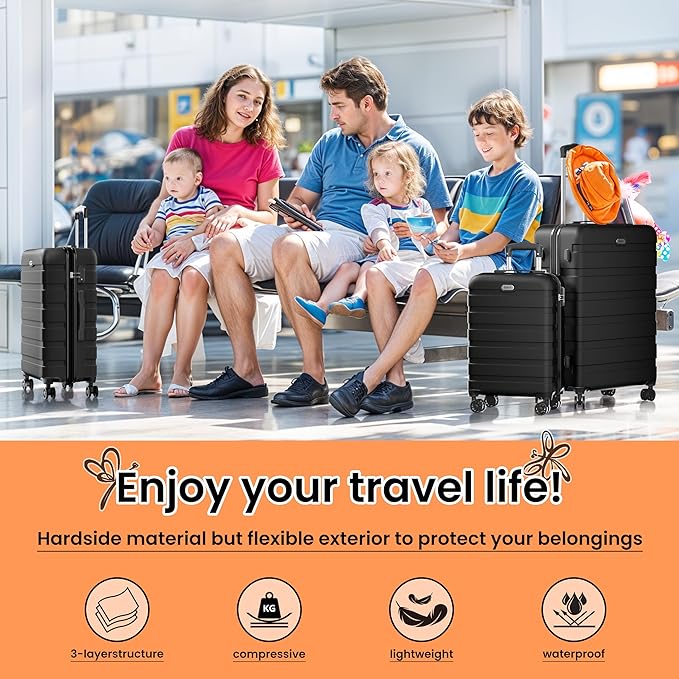 AnyZip Luggage Sets 10 Piece Hardshell Suitcase Set PC ABS Lightweight Travel Suitcases with 4 Double Spinner Wheels TSA Lock 20 24 28 Inch with 7 Storage Bags Black