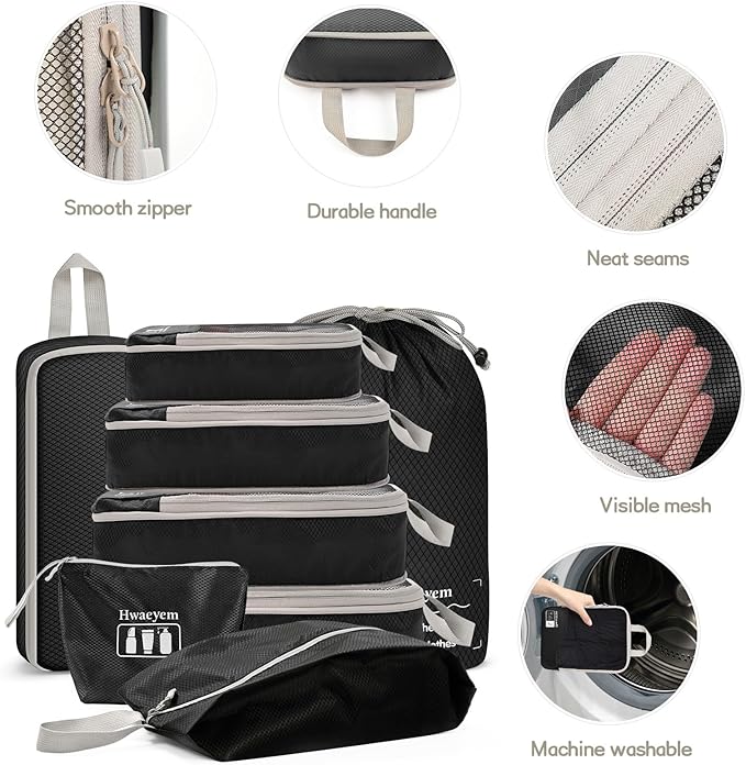 Compression Packing Cubes 8 Set, Dual Zipper Compression Packing Cubes for Travel, See-Through Mesh Packing Bags for Suitcases, packing cubes with shoe bag (Black)