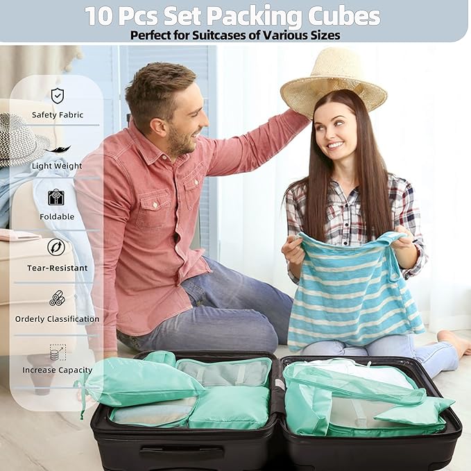 10 Pcs Set Packing Cubes - Travel Packing Organizers, Expandable Suitcase Organizer, Luggage Organizer Bags