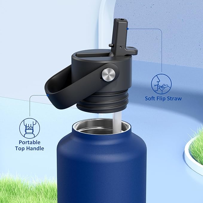 24 oz Water Bottle Insulated for Office: BPA-Free, Leakproof Lid with Straw, Lightweight, Flex Cap, Stainless Steel Insulated Flask for Trekking, Men, Commute, Worker, Walking, Cycling (Deepsea Blue)
