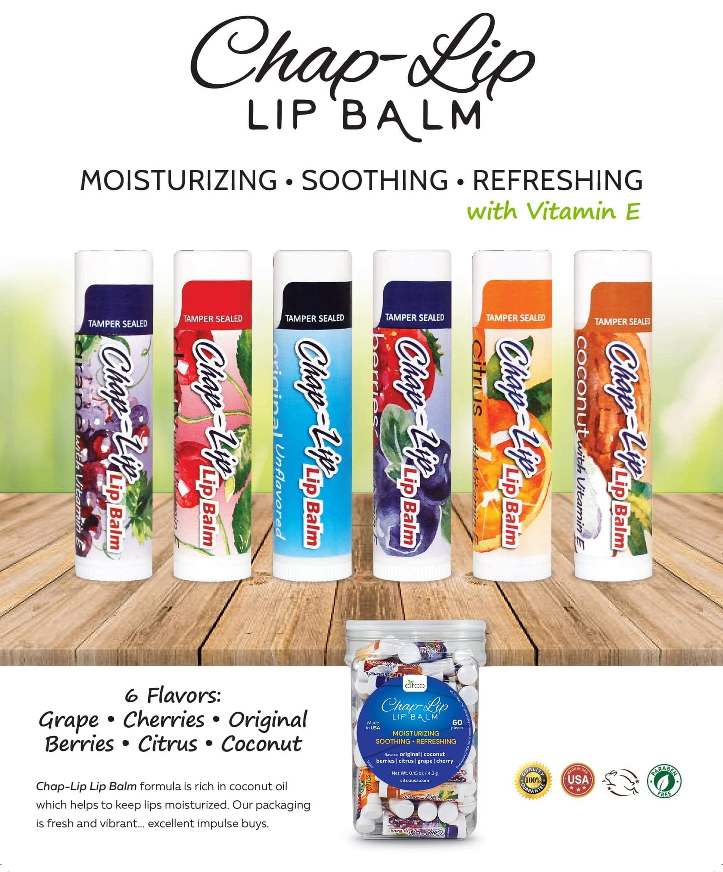 Chap-Lip Lip Balm Vitamin E with Coconut Oil - Lip Moisturizer Treatment - Moisturizing, Soothing, & Refreshing, Total Hydration Treatment & Lip Therapy - Assortment of 6 Refreshing Flavors, 48 Count