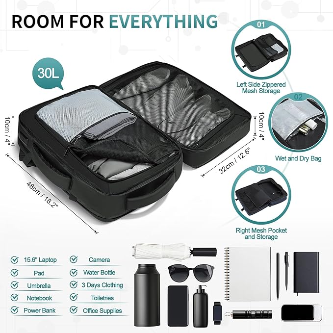 Business Travel Carry on Backpack, Lay Flat Luggage Style Bag with USB C & A, 16-inch Suitcase Capacity, Airline Approved, Black