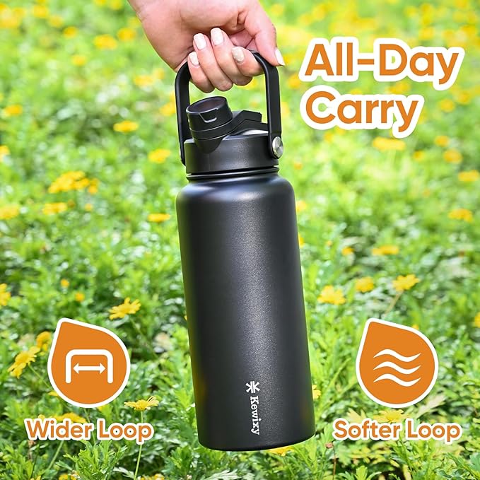 32 oz Insulated Water Bottle, 2-in-1 Lid, Straw & Spout with Protected, Leak Proof, Keep Cold, Stainless Steel, Metal, Reusable, Handle, for Outdoor, Gym and School, 2 Lids, Midnight Black