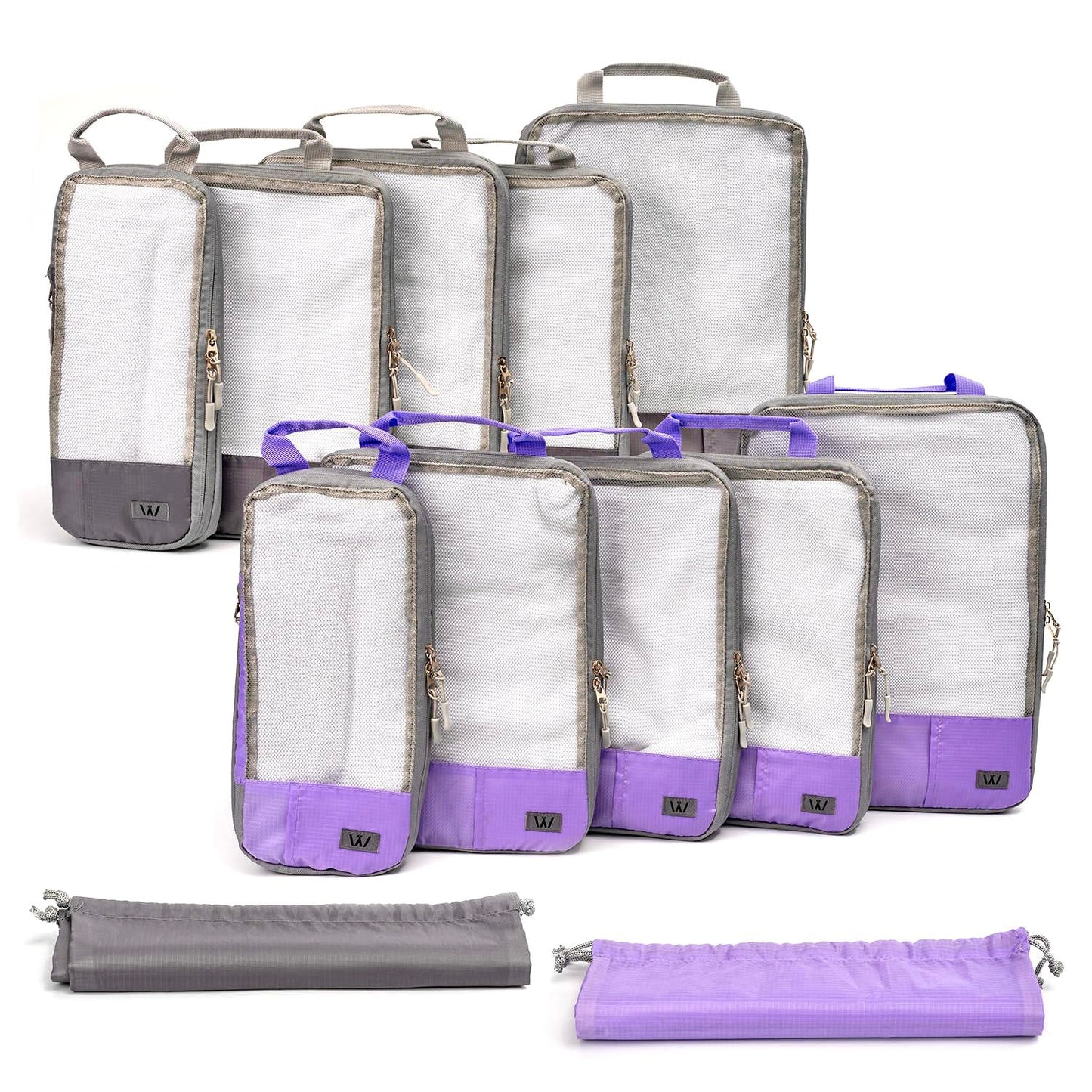 12 Pc Set Compression Packing Cubes - WONGLE His and Hers Family Travel Organizer Compressible Packing Cubes for Suitcases, Luggage Organizer Bags, Travel Accessories, Shoe Bag (Purple/Grey)