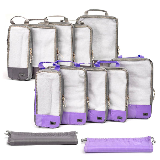 12 Pc Set Compression Packing Cubes - WONGLE His and Hers Family Travel Organizer Compressible Packing Cubes for Suitcases, Luggage Organizer Bags, Travel Accessories, Shoe Bag (Purple/Grey)
