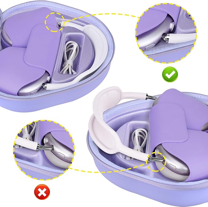 BOVKE Hard Carrying Case with Sleep Mode for Apple AirPods Max Wireless Over-Ear Headphones, AirPods Max Protective Portable Storage Bag with Mesh Pocket for USB-C Charging Cables Accessories, Purple