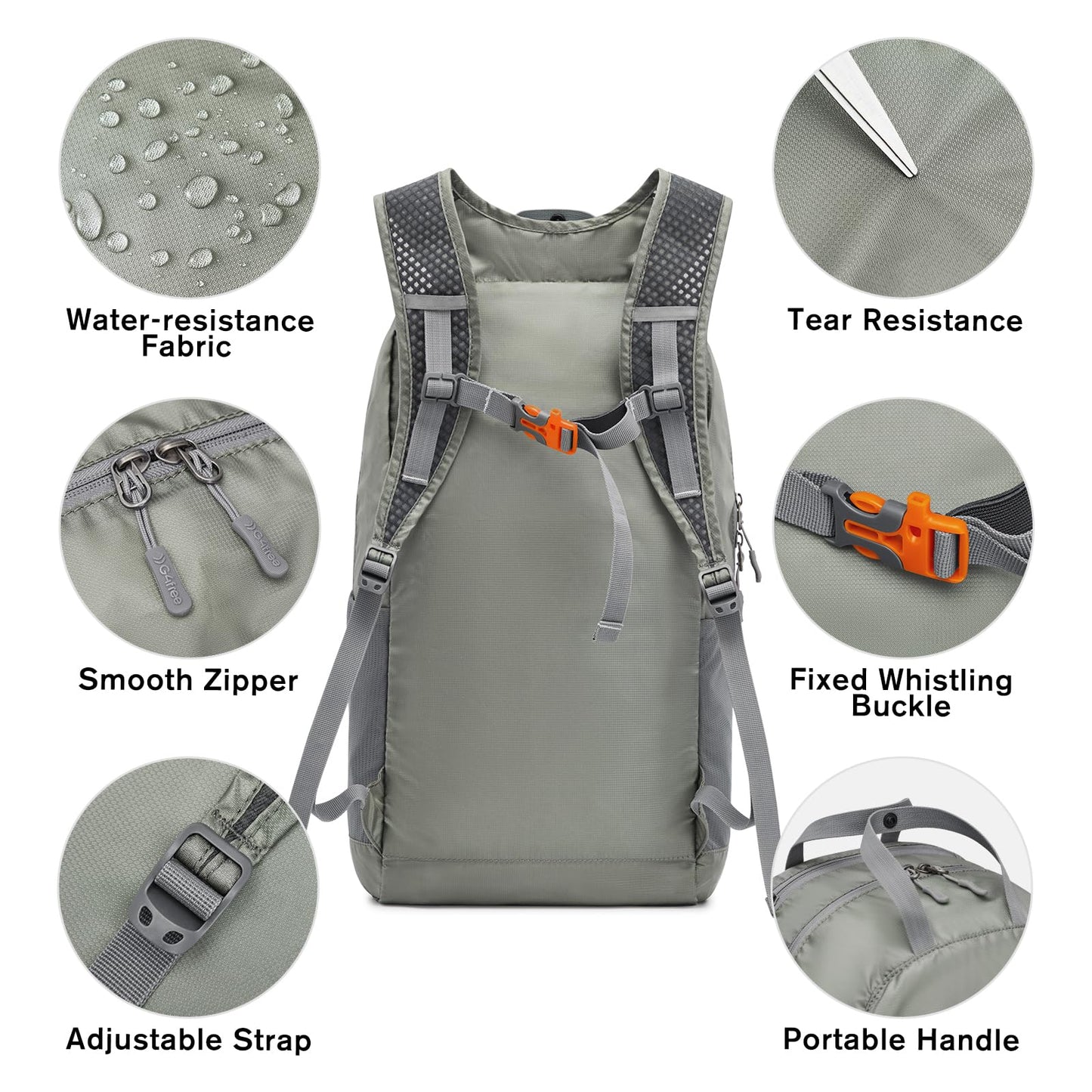 G4Free 25L Lightweight Hiking Backpack Packable Foldable Sport Travel Daypack Water Resistant for Women Men（Grey Green）