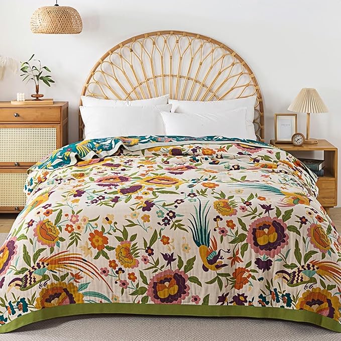 Boho Throw Blanket,100% Cotton Muslin Blankets for Bed,Cozy Fall Throw Blanket,Reversible Bohemian Throw Blankets for Couch,Farmhouse,Golden Phoenix,60"x80"