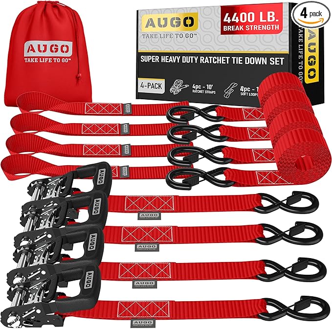 AUGO Heavy Duty Ratchet Straps & Soft Loops – Pack of 4 Extra Strong 1.5” by 10’ Ratchet Straps w/S-Hook Safety Latches & 4 Soft Loop Tie Downs – 4400Lb Break Strength for Motorcycles, ATVs, Etc.