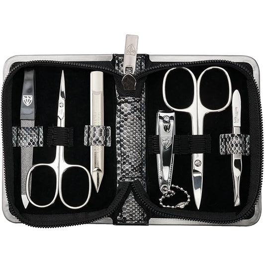 3 Swords Germany - brand quality 6 piece manicure pedicure kit set for professional finger & toe nail care with synthetic leather case - Made in Germany - snake optics
