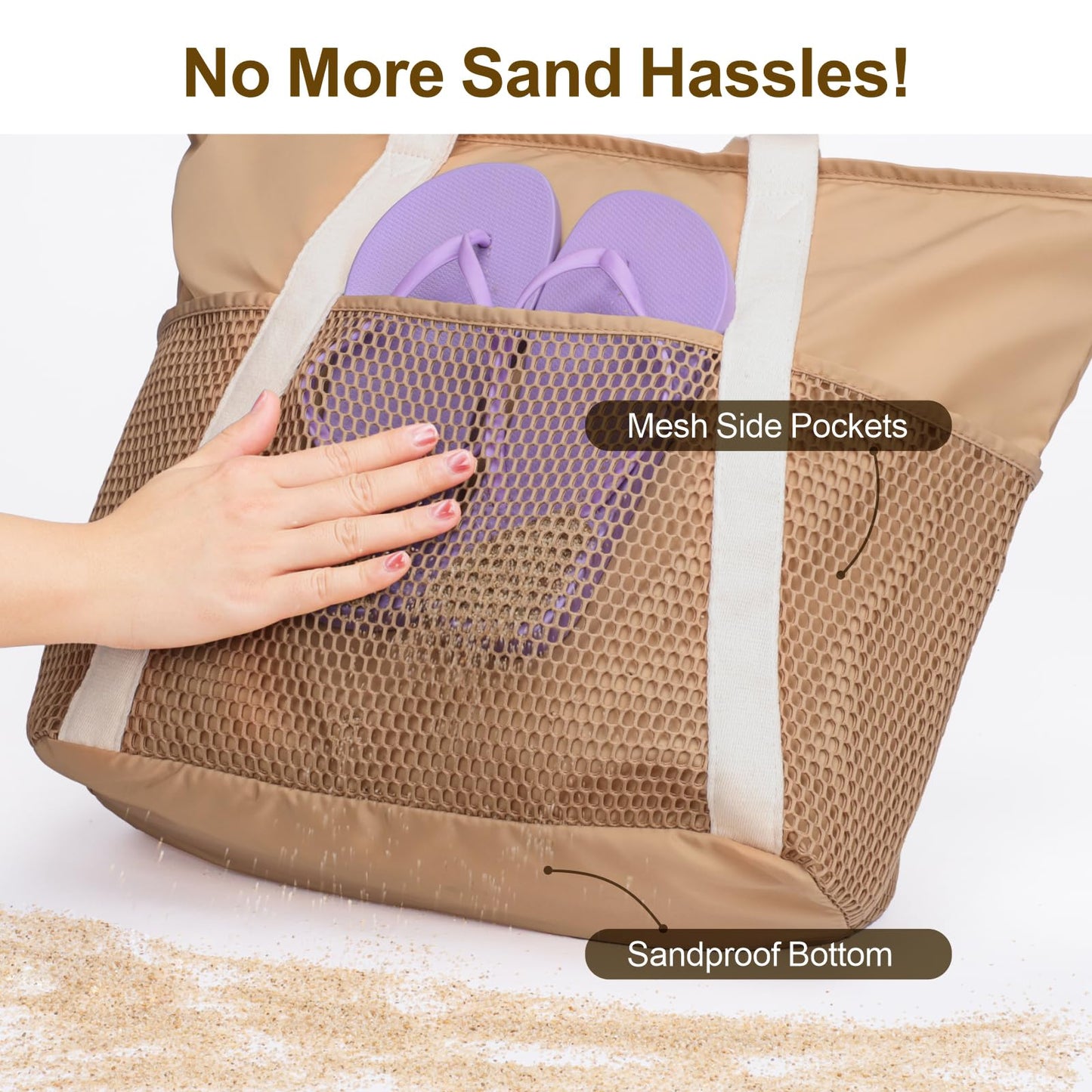 F-color Waterproof Beach Bag for Women - 8 Pockets Foldable Beach Bag Tote with Sandproof Side Mesh Bag, Carry on Tote Bag with Zipper for Travel Pool Swim Cruise Vacation Essentials, Khaki