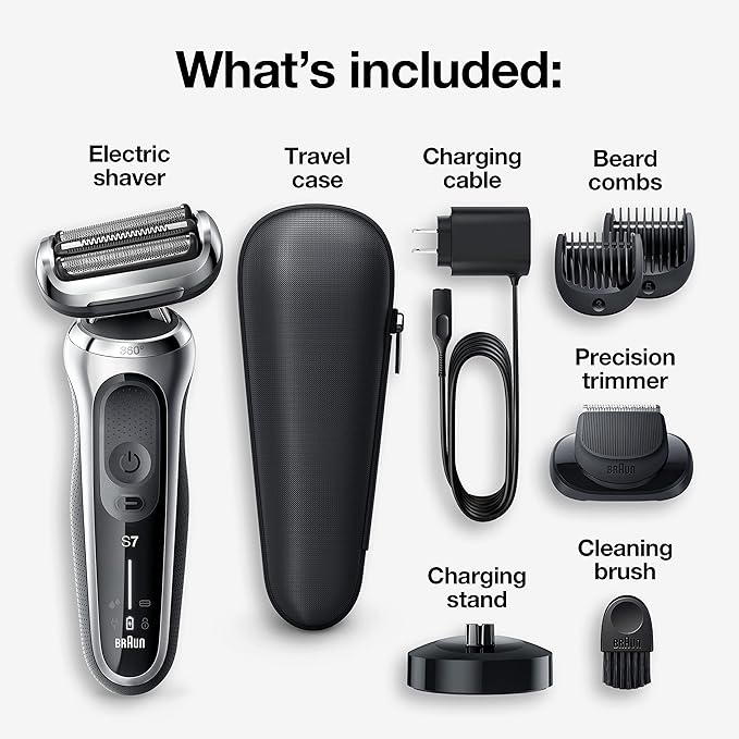 Braun Electric Razor for Men, Waterproof Foil Shaver, Series 7 7027cs, Wet & Dry Shave, with Beard Trimmer, Rechargeable, Charging Stand and Travel Case Included, Silver Black