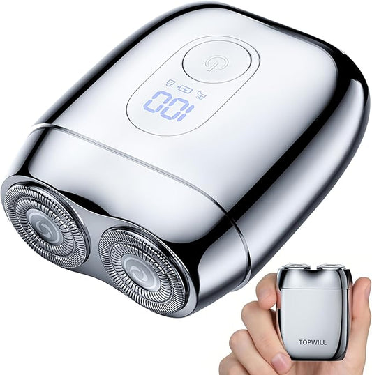 All-Metal Mini Electric Shaver for Men – Portable Travel Razor with Mirror Cap, Smooth & Close Shave, LED Display, USB-C Fast Charge, Wet/Dry Waterproof – RX40 Silver