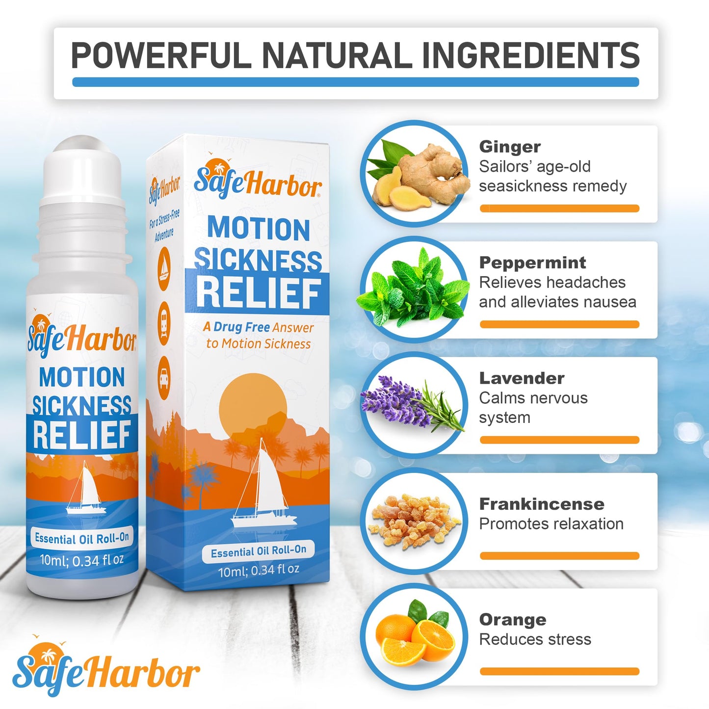 SafeHarbor Motion Sickness Relief Roll-On | Anti Nausea Essential Oil for Sea Sickness, Dizzy & Carsick Relief in Children and Adults, Your Cruise Ship Essential | 100% Natural, Drug Free (10 ml)
