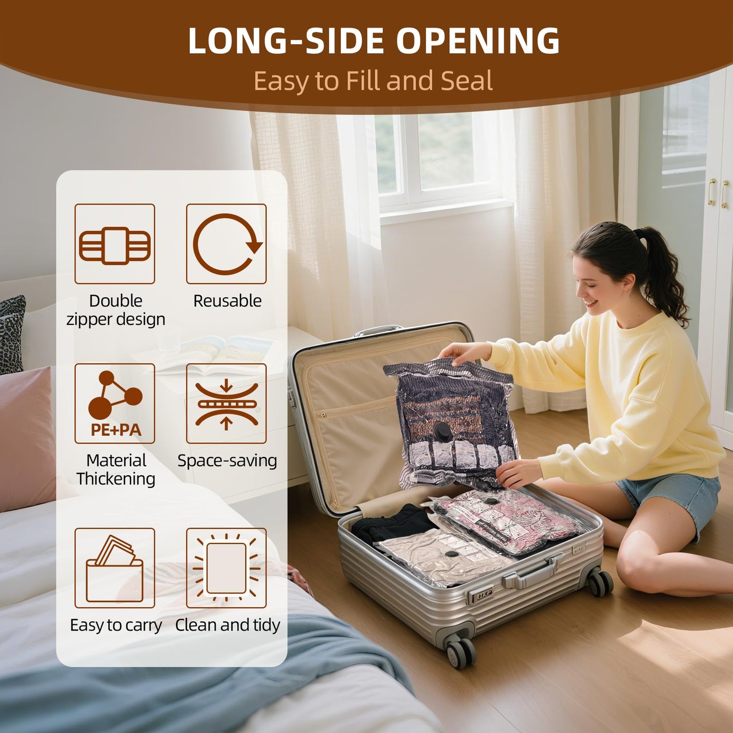 VACKFOX 6 Pack Travel Vacuum Storage Bags with Pump, Vacuum Seal Bags for Clothing, Compression Bags for Travel(2L+2M+2S), Space Saver Kit for Clothes with LED Light