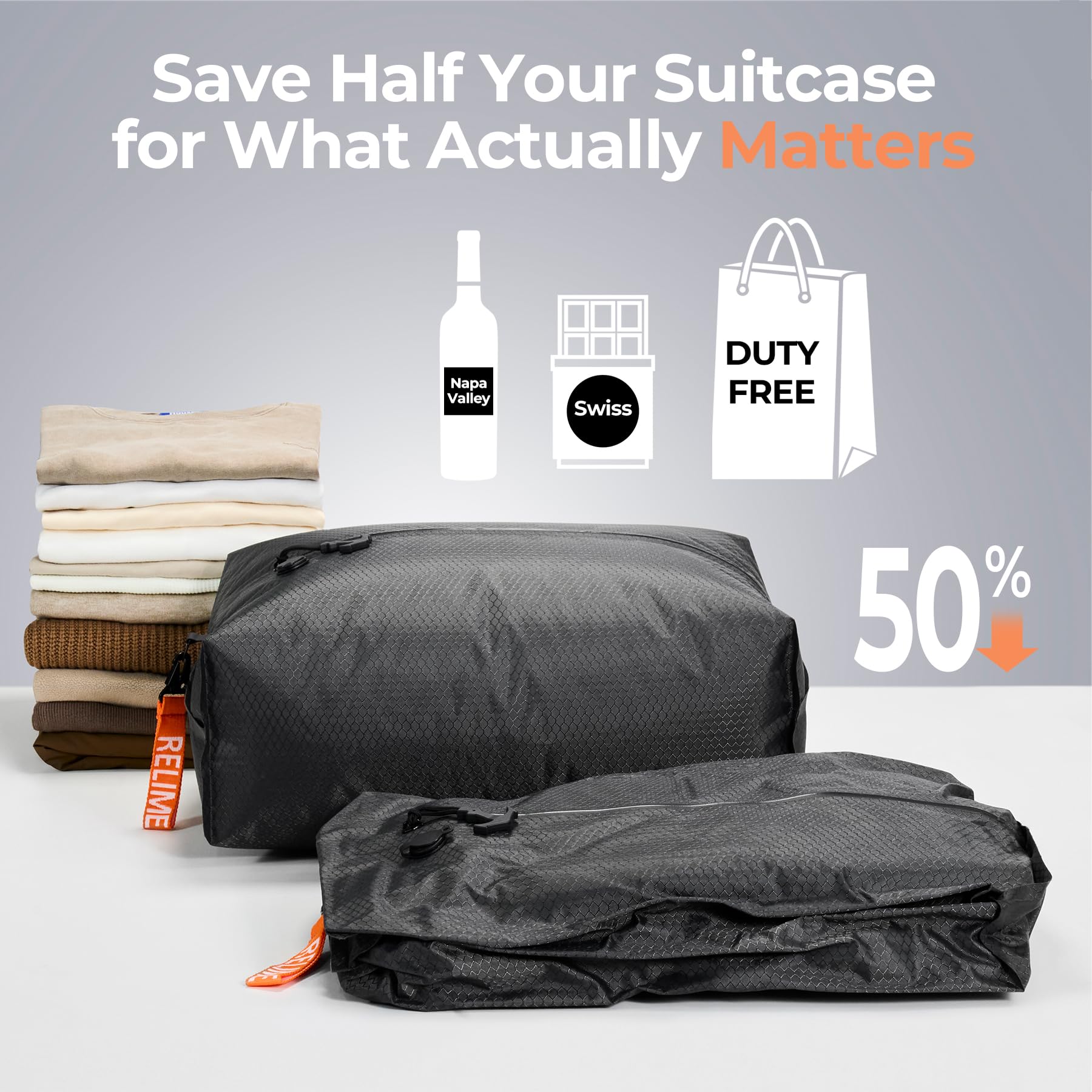 Relime Classic Series Vacuum Bags for Travel Luggage with Wireless Pump, Compression Bags for Carry On Suitcases and Backpack, Vacuum Seal Packing cube for Cloth Packing (2PC + PUMP)