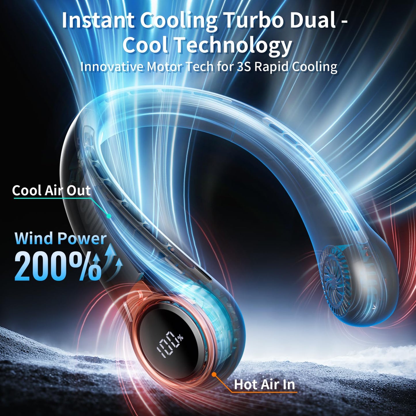 ZHZW Portable Neck Fan with 6000mAh USB - Rechargeable Battery, Ultra-Light Bladeless Neck Fan LED Display, 360° Cooling Wearable Fan, 3 Speeds (black)