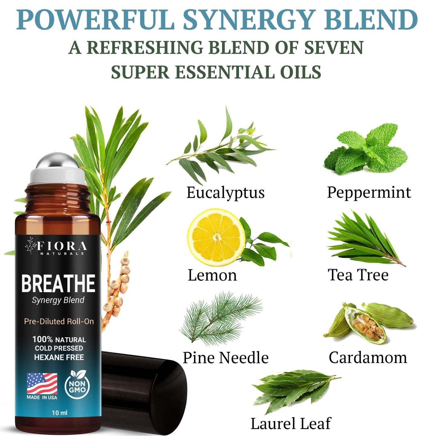 Fiora Naturals Breathe Essential Oil Roll-On Blend - 100% Pure Eucalyptus, Peppermint & Tea Tree Oil Aromatherapy Blend. Therapeutic-Grade