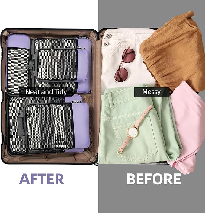 BAGAIL 4 Set/6 Set/8 Set Compression Packing Cubes Travel Accessories Expandable Packing Organizers (Half Mesh, 6-Lavender)