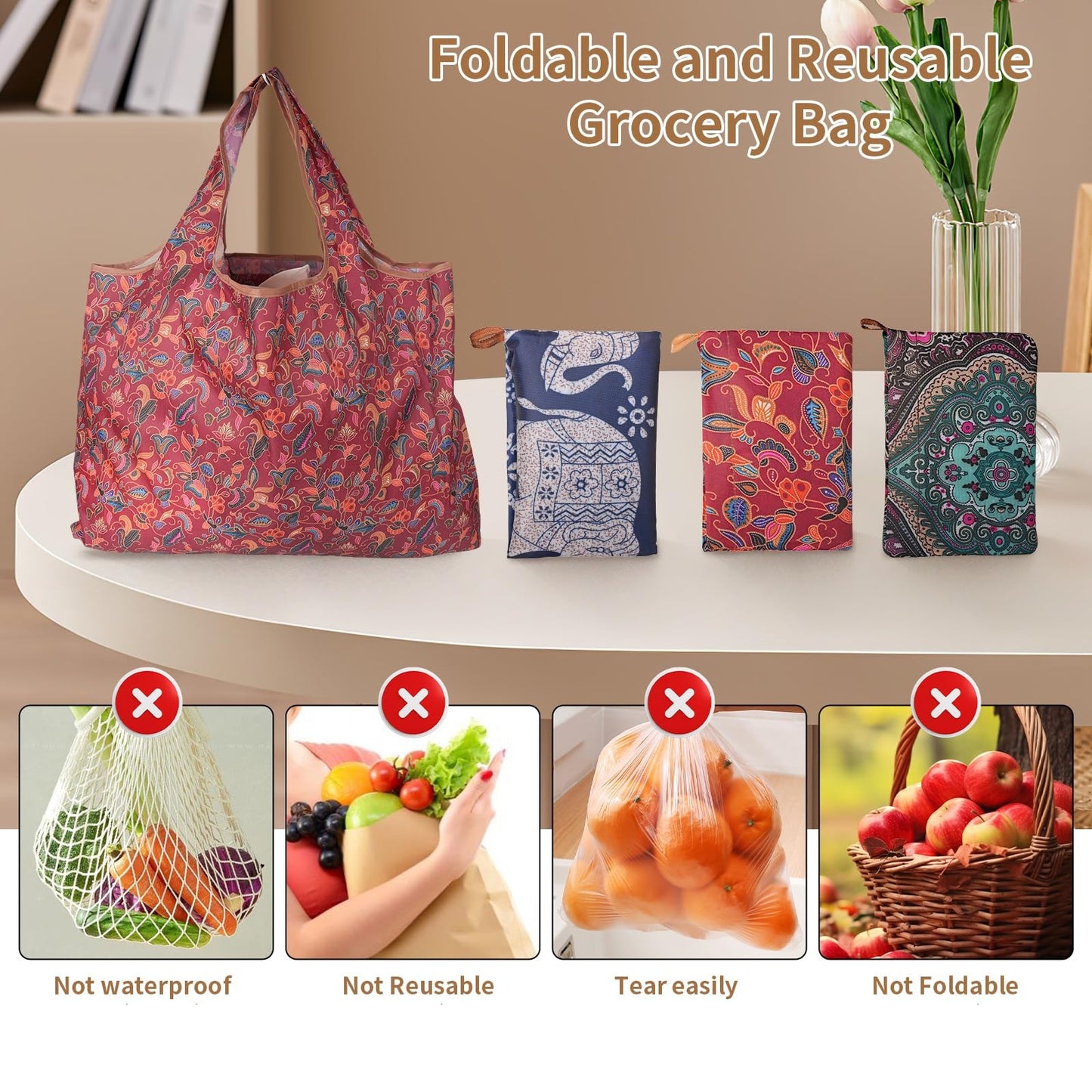 gracefuLife Foldable Grocery Bag Set of 3, Large Capacity 22x15in, Holds up to 44lb,Reusable Shopping Bags For Travel, Storage, and More, Soft Fabric with vivid Patterns