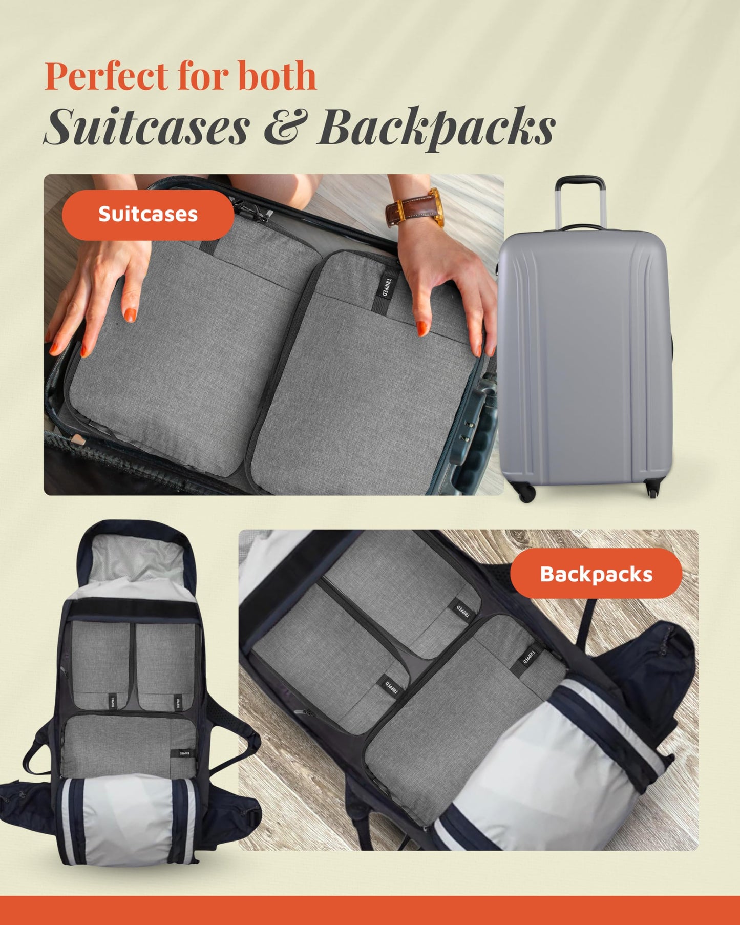 Premium Compression Packing Cubes for Travel, Compression Packaging Cube, Zip Bags Premium 6-Piece Set with laundry bag and shoe bag by TRIPPED Travel Gear (Grey)