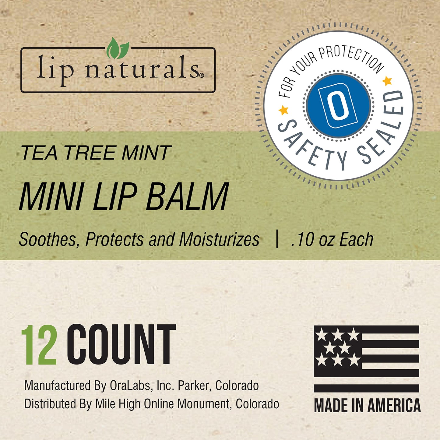 Lip Naturals® | Mini Tea Tree Balm with Sunscreen (SPF-15) | Made in USA with Coconut Oil, Tea Tree Oil, and Peppermint Oil | 12-Count Mini Lip Balm Pack with Tea Tree Mint Flavor (0.10oz/3g Each)