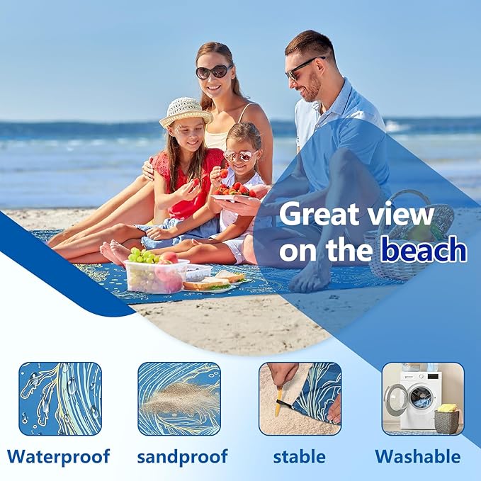Beach Blanket Waterproof Sandproof, Extra Large Beach Mat, Oversized Picnic Blankets 71 * 87inches, Quick Drying, Lightweight Beach Mat for Camping, Traval, Festivals