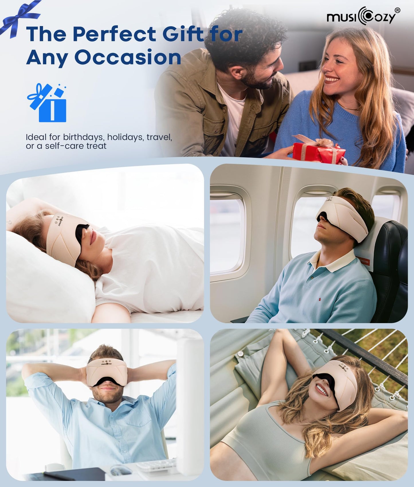 MUSICOZY Sleep Headphones, Bluetooth 5.4 Sleep Mask, Washable Zipper Eye Mask with HD Stereo Speakers, Cooling Ice Silk Fabric, 14H Playtime Wireless Headband Headphones for Side Sleepers