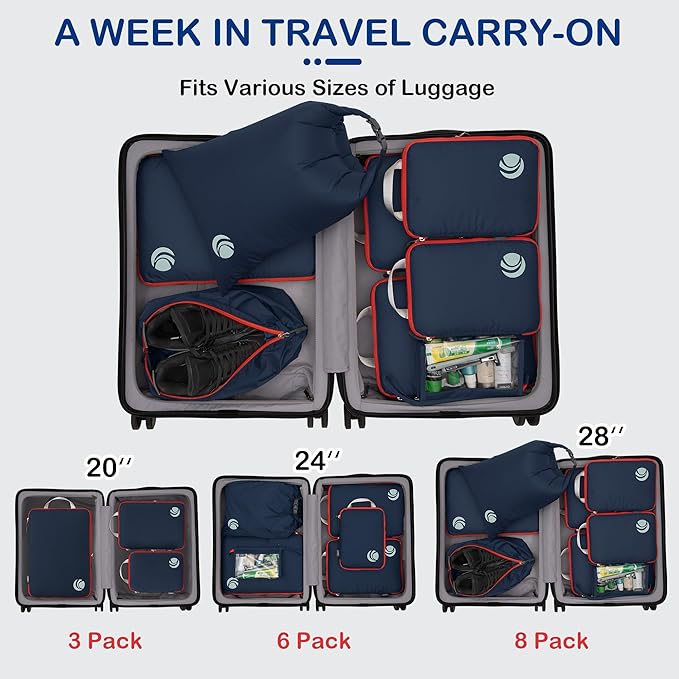 Cipway Compression Packing Cubes, Lightweight Travel Luggage Organizers with Shoe Bag, Toiletry Bag & Laundry Bag, Travel Essentials for Carry on Suitcase (8 Piece,Blue)