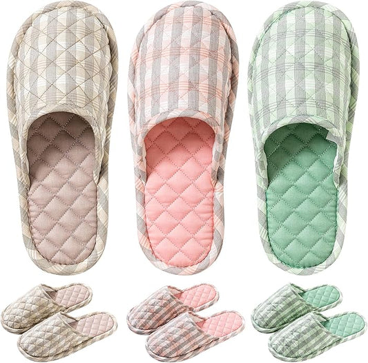 3 Pairs Floral Cotton House Slippers for Women, Open Toe Indoor Slippers Comfortable Washable Portable Foldable Guest Travel Hotel Airplane Spa Slippers