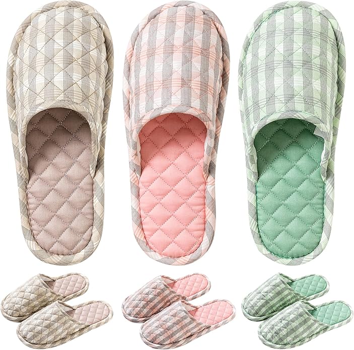 3 Pairs Floral Cotton House Slippers for Women, Open Toe Indoor Slippers Comfortable Washable Portable Foldable Guest Travel Hotel Airplane Spa Slippers