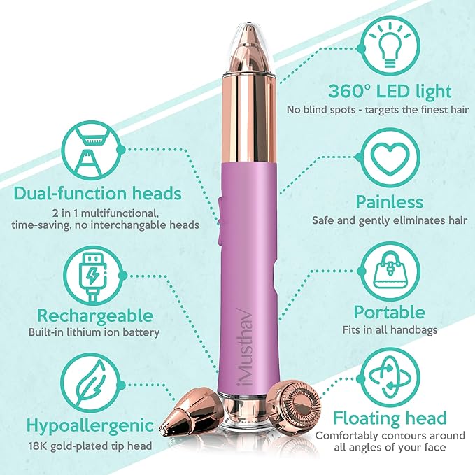 2 in 1 Eyebrow and Facial Hair Remover for Women Painless Flawless Electric Razor Epilator Trimmer Shaver with 18K Gold-Plated, USB Rechargeable, 360° LED for Eyebrow and Face Hair Removal