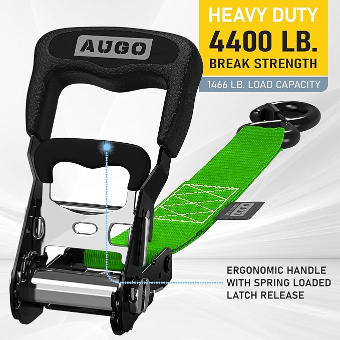 AUGO Heavy Duty Ratchet Straps & Soft Loops – Pack of 4 Extra Strong 1.5” by 15’ Ratchet Straps w/S-Hook Safety Latches & 4 Soft Loop Tie Downs – 4400Lb Break Strength for Motorcycles, ATVs, Etc.