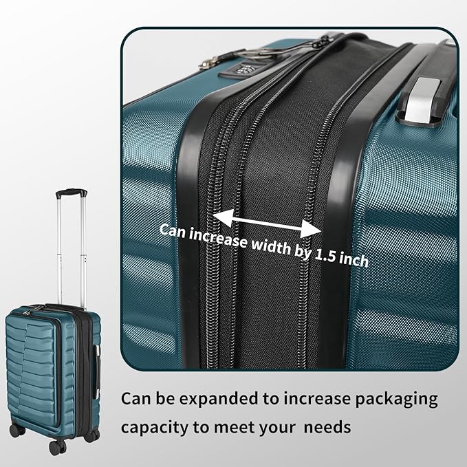 22×14×9 Airline Approved Carry On Expandable Luggage with Front Open Pocket, Spinner Wheels, ABS+PC Hardshell Small 20inch Suitcase with Protective Cover and Luggage Tag, Teal Blue