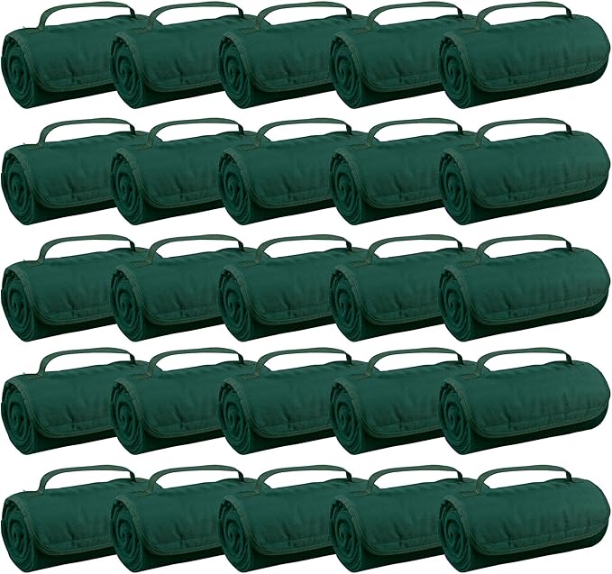 25 Ct of Roll-Up Blankets for Camping, Travel, Outdoors, Beach, Picnics – Hunter Green – Hook + Loop Closure for Easy Use in Cars & on Airplanes – Customizable for Promotions & Events
