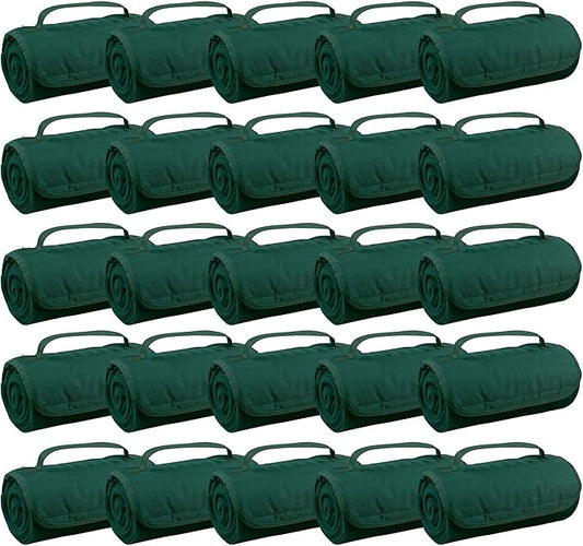 25 Ct of Roll-Up Blankets for Camping, Travel, Outdoors, Beach, Picnics – Hunter Green – Hook + Loop Closure for Easy Use in Cars & on Airplanes – Customizable for Promotions & Events