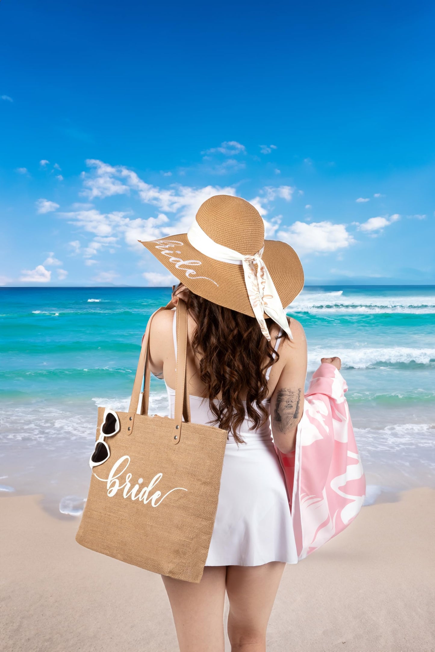 5 pc Bride Beach Bag Honeymoon Gift, Bachelorette Gifts for Bride, Bride to be Gifts, Bride Straw Sun Hat, Bag, Microfiber Towel, Silk Scarf, Sunglasses, Bridal Shower Gift (Bride Beach Gift Set)
