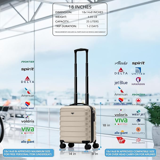 Carry On Suitcase Hardside Built In TSA Lock & USB Port Silent Double Spinner Wheels Maximum Underseat Carry-On Bag For American & United Approved Airlines( 18x14x8" ,Champagne )