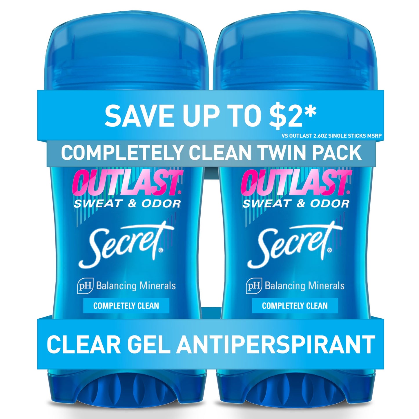 Secret Outlast Antiperspirant Deodorant for Women, 72hr Sweat & Odor Protection, PH Balancing Minerals, Clear Gel, Completely Clean Scent, 2.6 oz (Pack of 2)