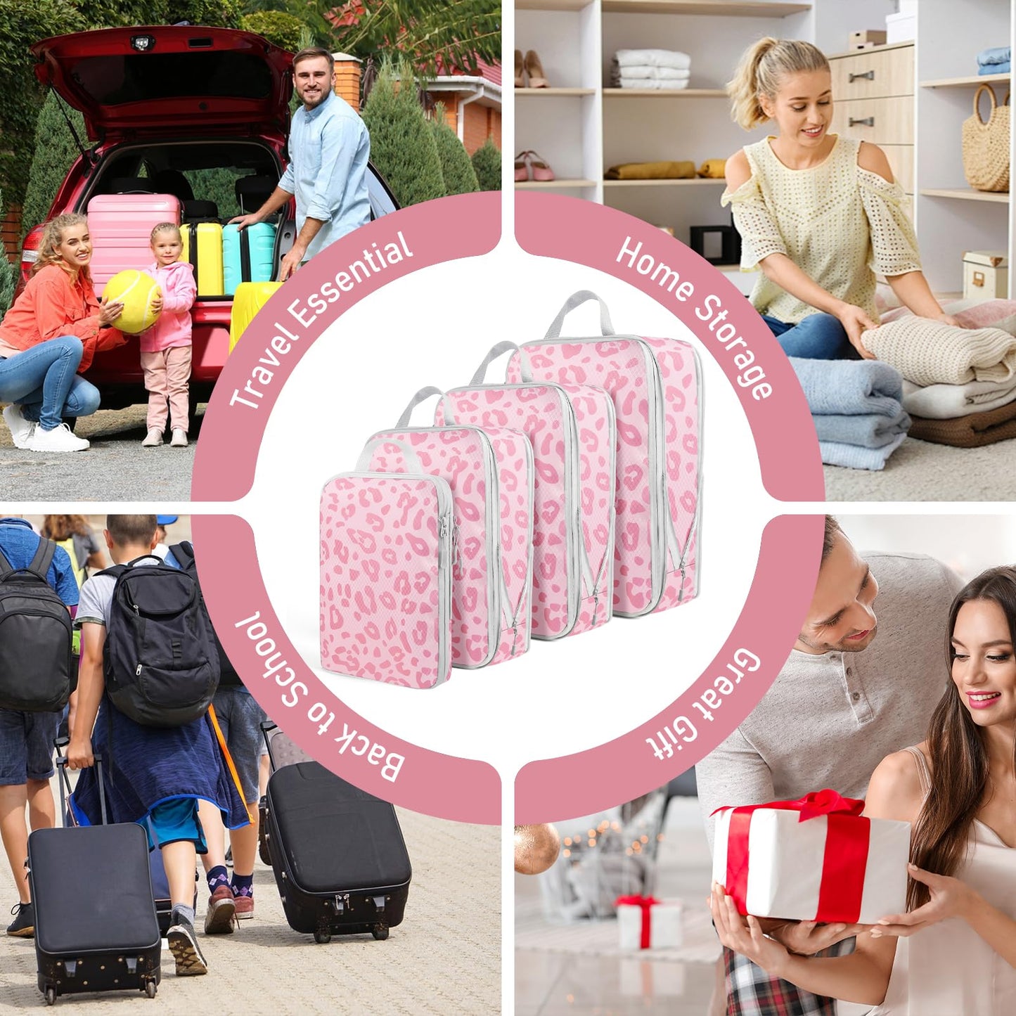Lemoobolsa 4 Set Compression Packing Cubes For Travel Bags Organizer For Luggage Suitcase Organizer, Compression Bags For Travel Accessories Luggage Storage Set (4 Pcs, Pink Leoparda)