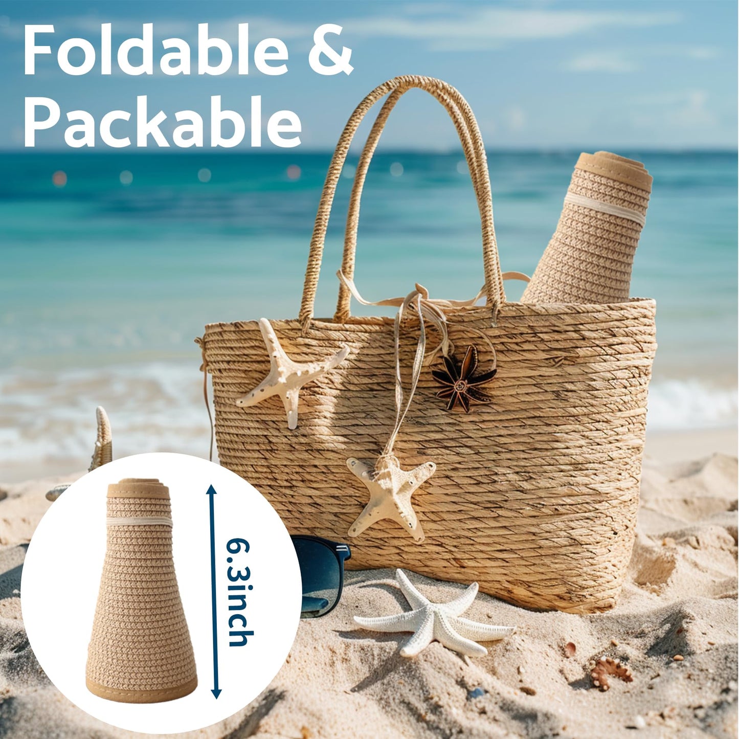 NPJY Sun Hats for Women Wide Brim Roll-Up Beach Ponytail Hat Packable Travel Foldable Straw Visor Khaki