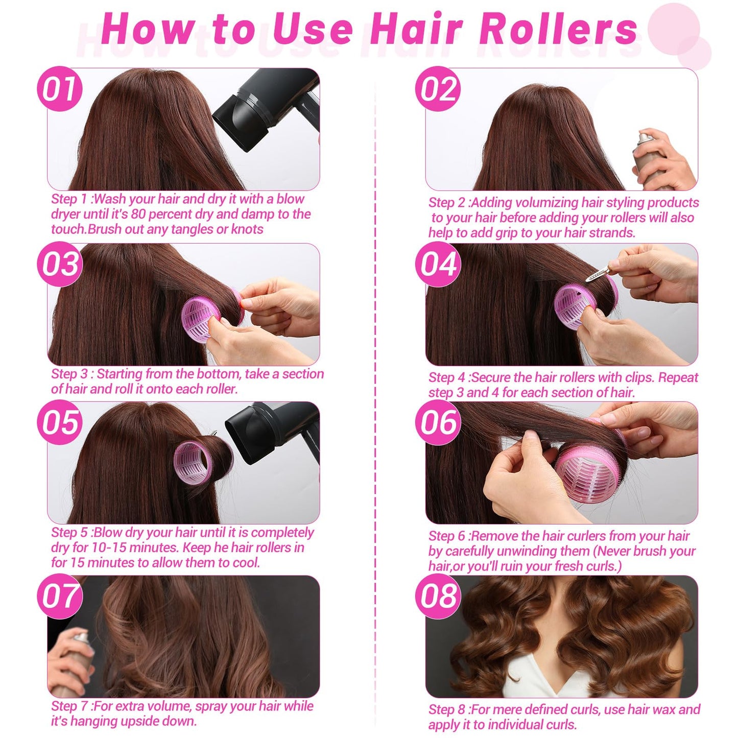 Jumbo Hair Curlers Rollers, 12Pcs 60mm Jumbo Hair Roller Curlers Self Grip Holding Rollers with 12Pcs Hair Clips for Long Straight Thick Hair (Rose Red)