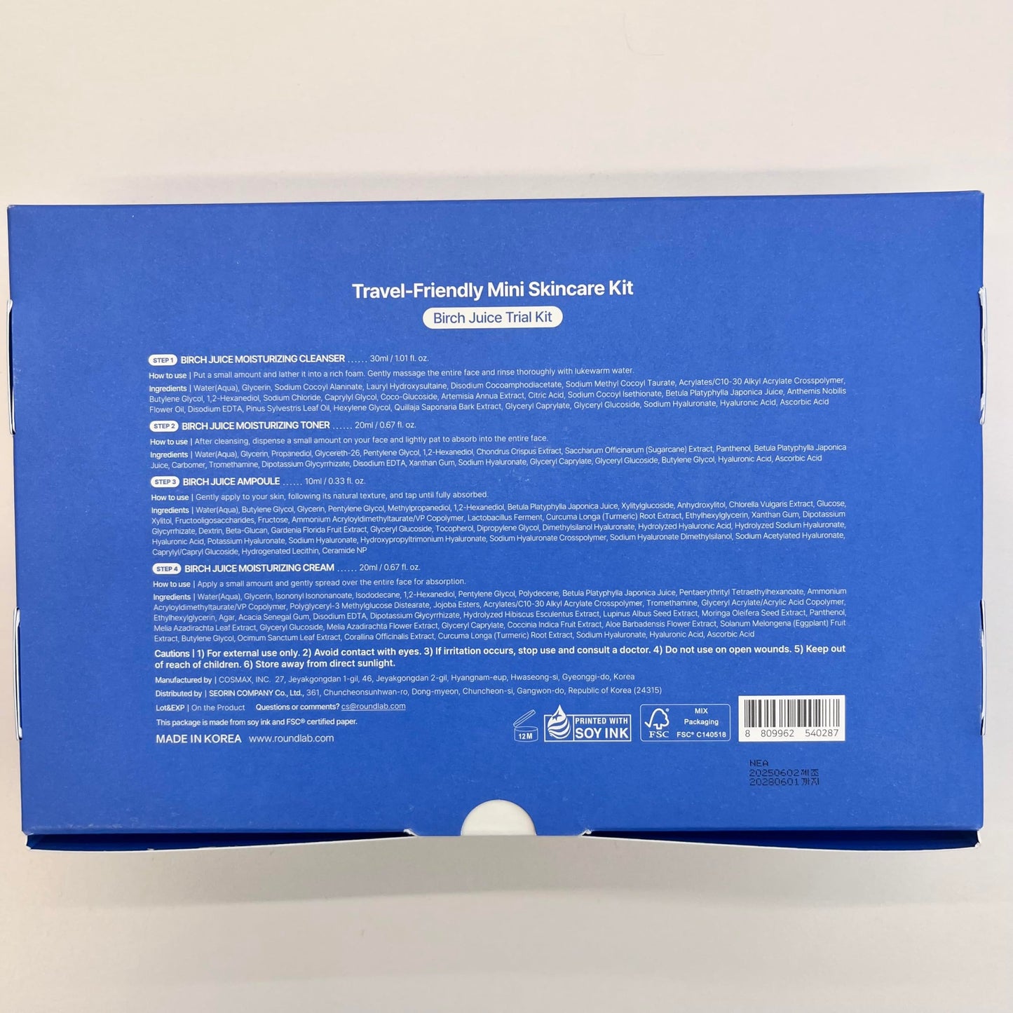 ROUND LAB Birch Juice Moisturizing Mini Kit, 4-Step Travel Size Skincare Set (Cleanser, Toner, Ampoule, Cream) | Korean Moisturizer, Hydrating Routine | Soothing Care for Acne-Prone, Sensitive Skin