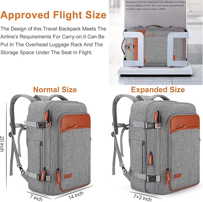 Carry on Travel Backpacks, Extra Large 40L Flight Approved Bag for Men & Women,Expandable Suitcase Backpack With 4 Packing Cubes,Water Resistant Luggage Daypack Business Weekender Bag,Grey