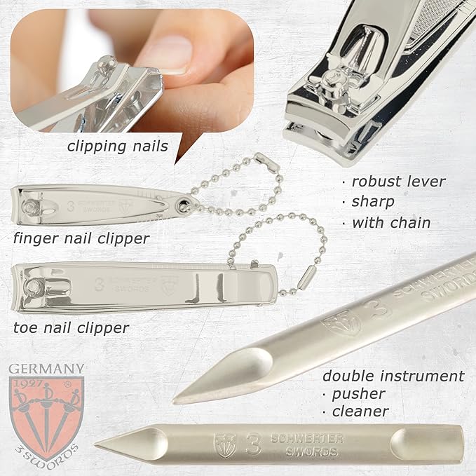 3 Swords Germany – brand quality 8 piece manicure pedicure grooming kit set for professional nail care with synthetic leather case black silver spots - Made in Germany